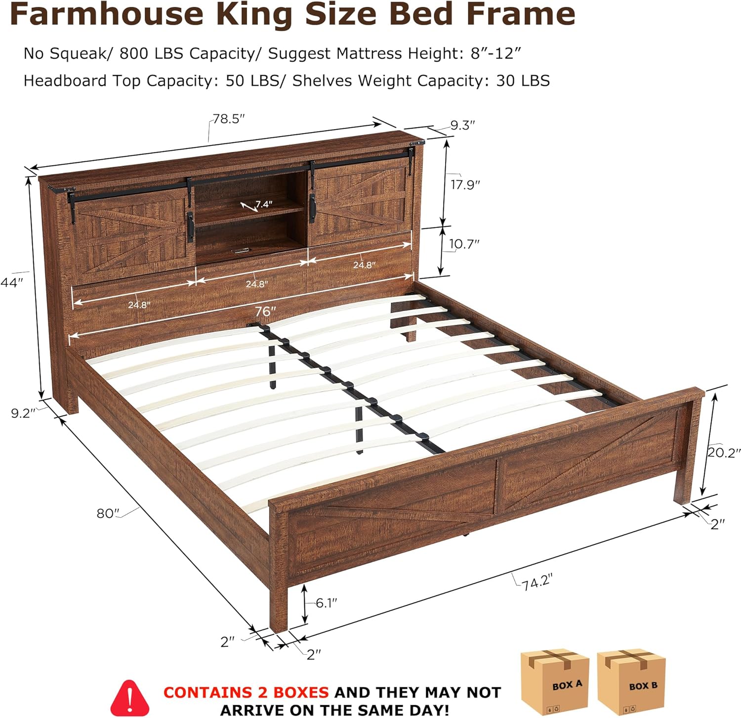 Rustic Farmhouse King Bed Frame with Bookcase Headboard and Charging Station