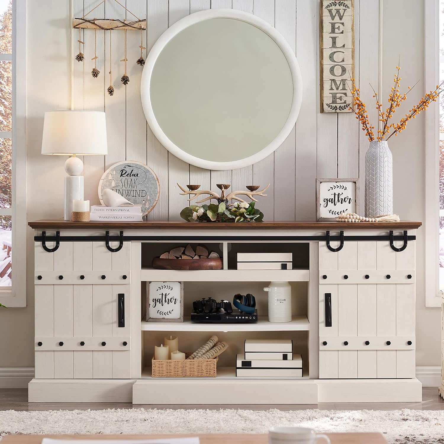 OKD 75" Rustic Farmhouse TV Stand with Sliding Barn Door