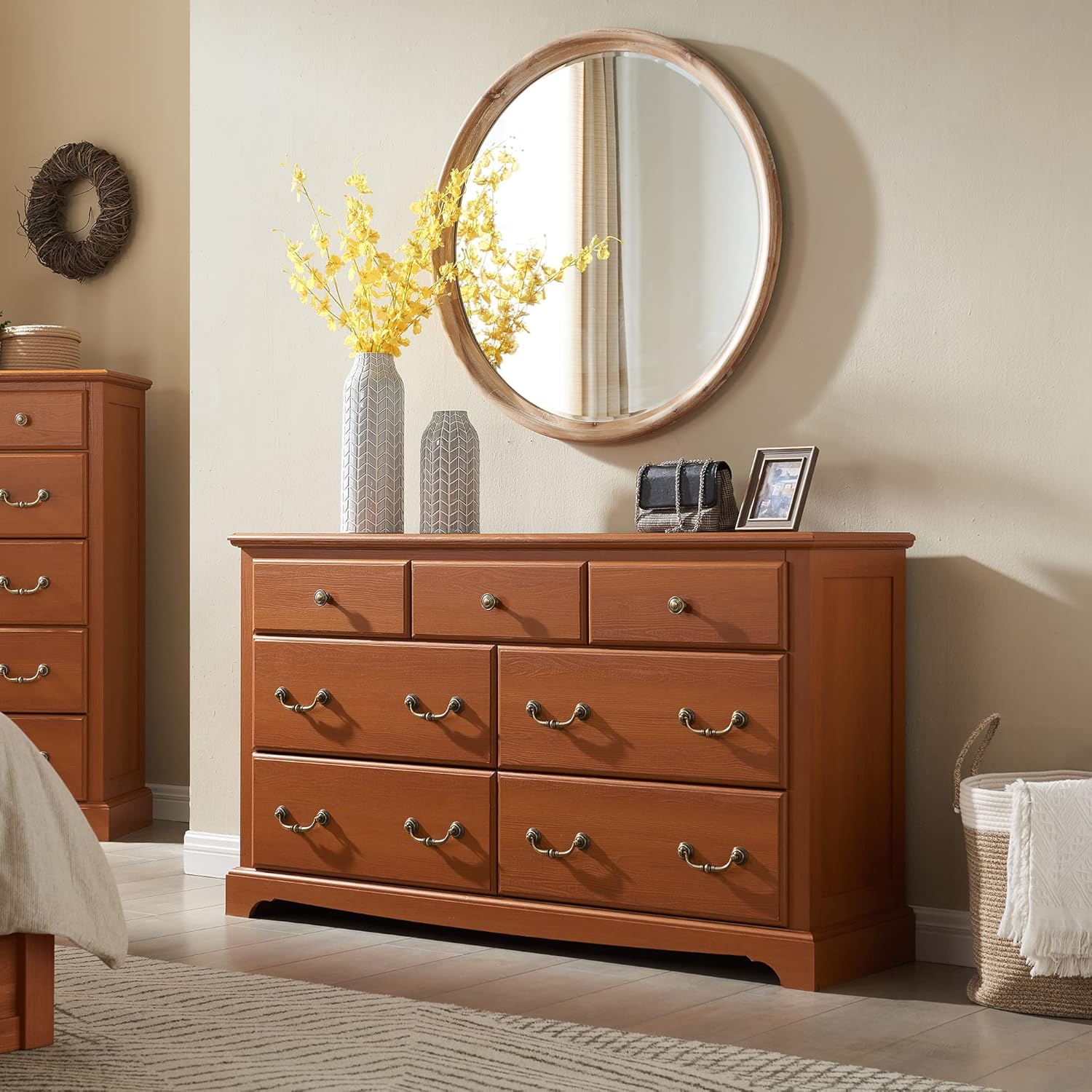 Rustic 7 Drawer Wood Dresser Chest for Bedroom