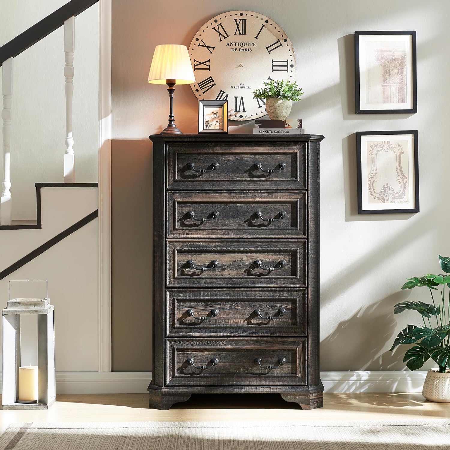 Farmhouse 5-Drawer Dresser: Rustic Wood Chest for Bedroom Storage
