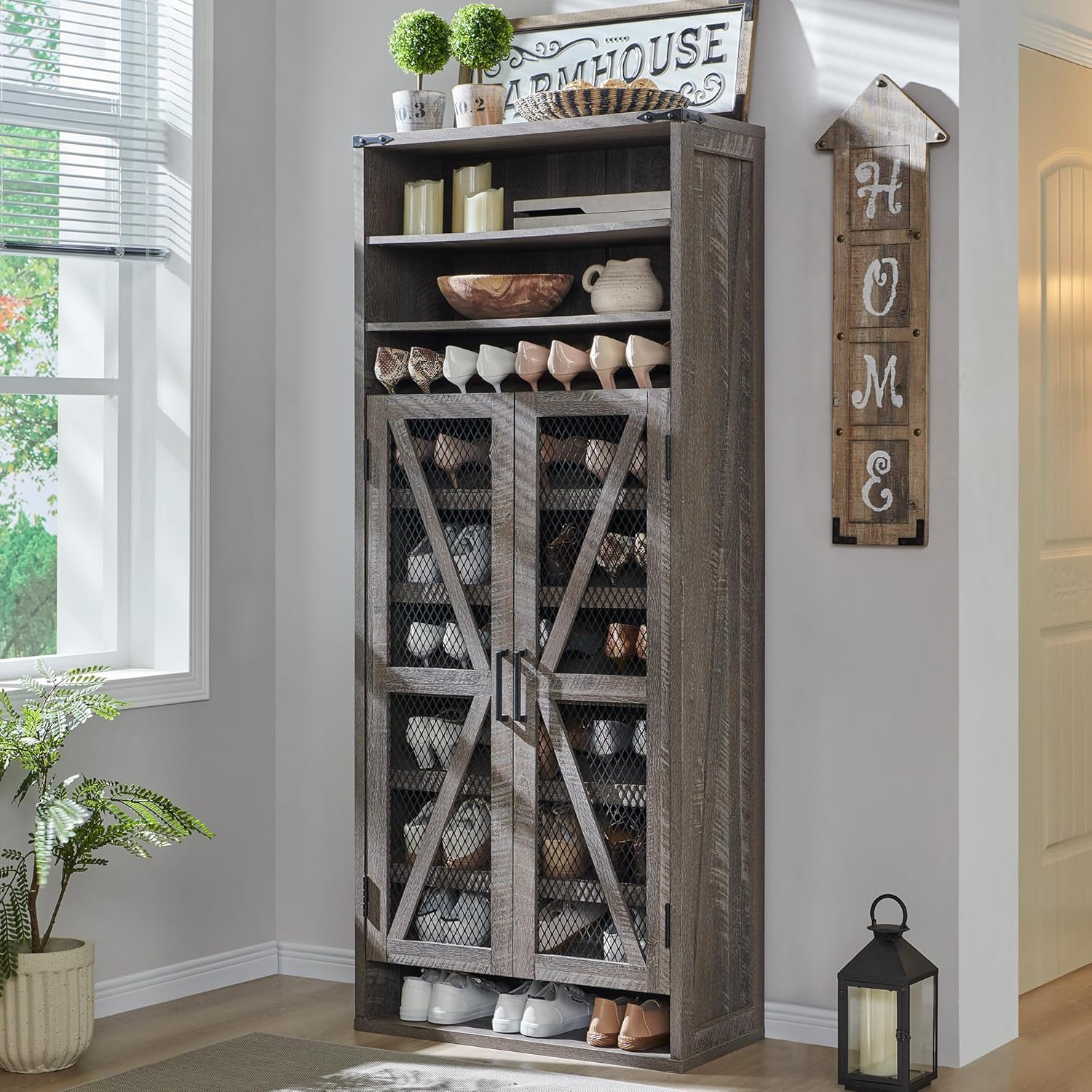 72" Tall Farmhouse Shoe Cabinet – Mesh Door, Adjustable Shelves, Grey