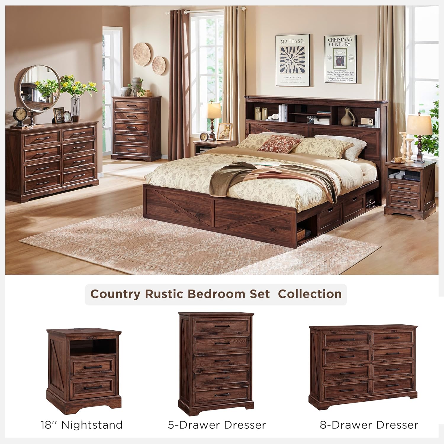 Farmhouse Nightstand with Charging Station - End Table with Drawers