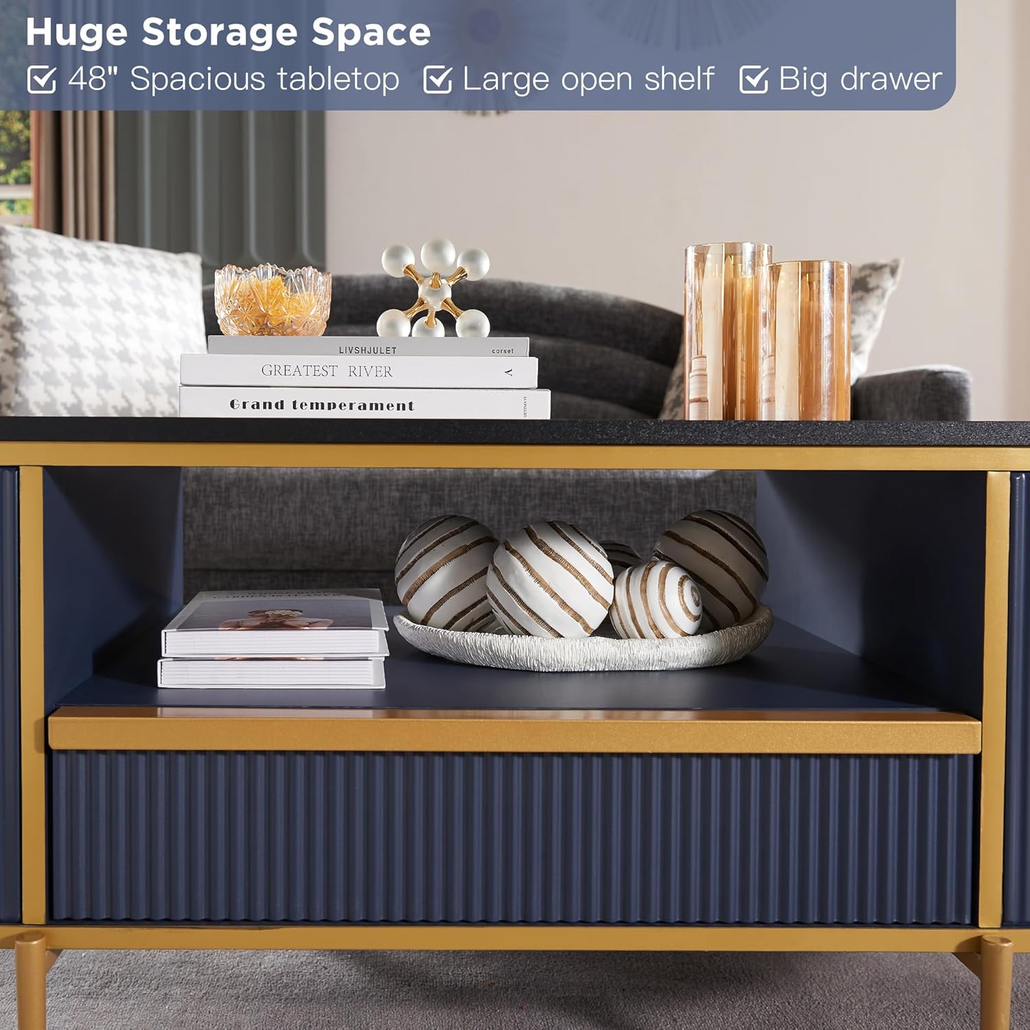 OKD Modern Oval Coffee Table 48 Inch with Drawer Navy Blue