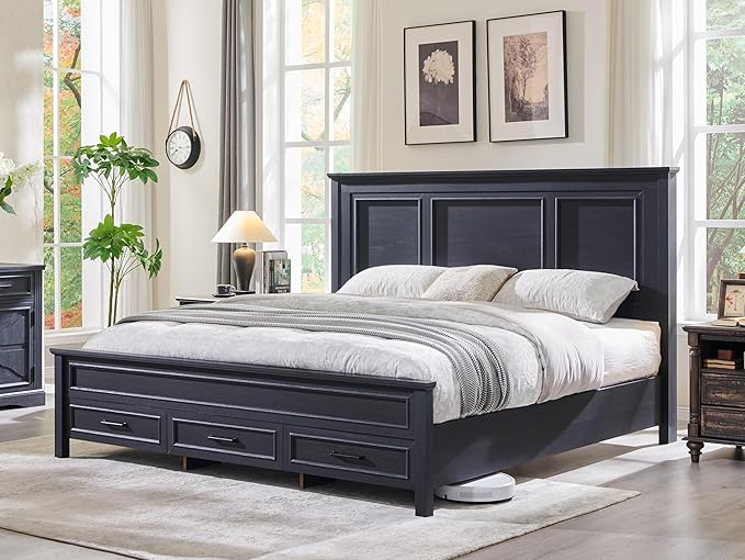 Farmhouse Queen Wooden Bed Frame with Storage, 52" Headboard