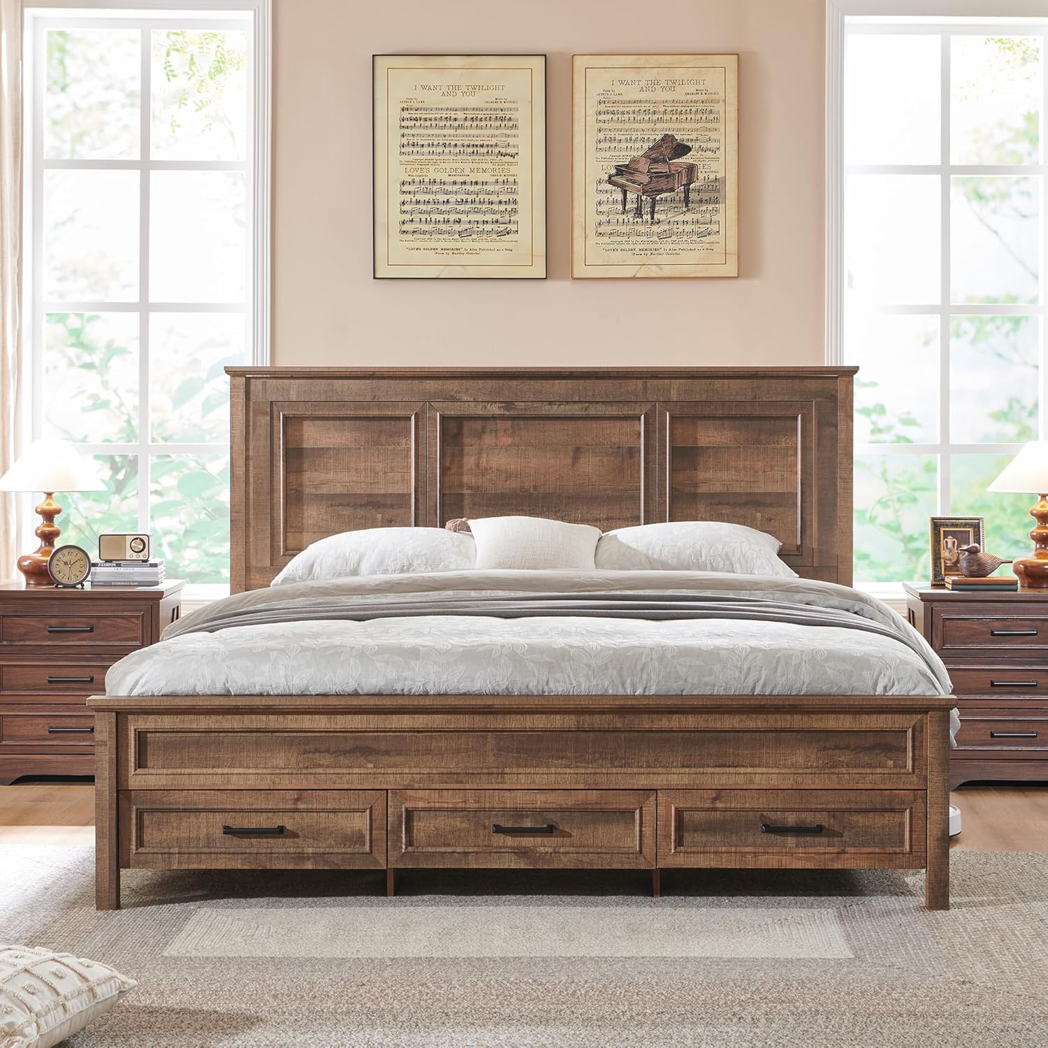 King Size Farmhouse Wood Platform Bed Frame with Storage Drawers