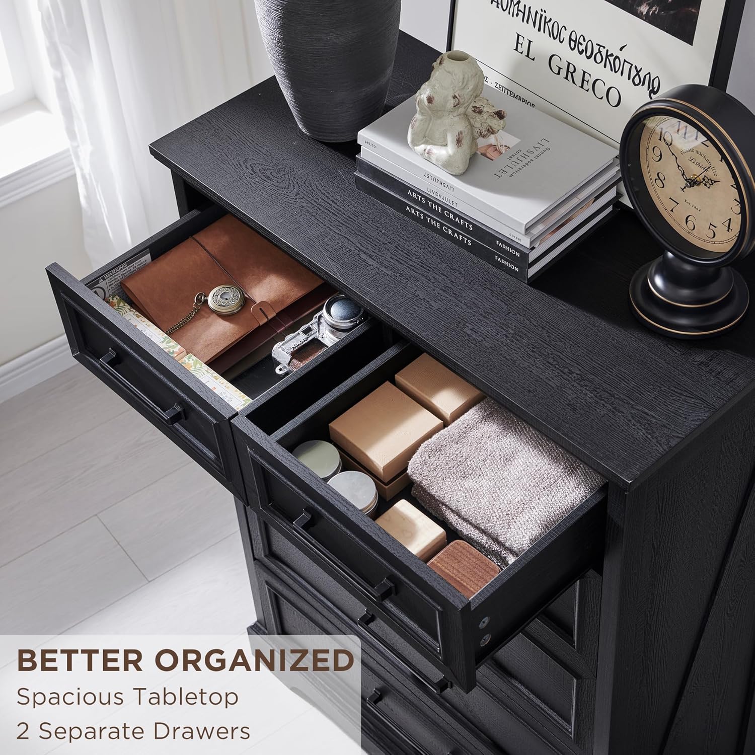 Farmhouse 6-Drawer Black Dresser, Wood Organizer for Bedroom, Living Room