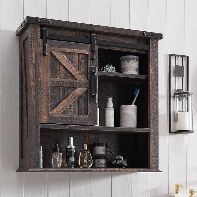 OKD Farmhouse Bathroom Wall Cabinet with Sliding Barn Door