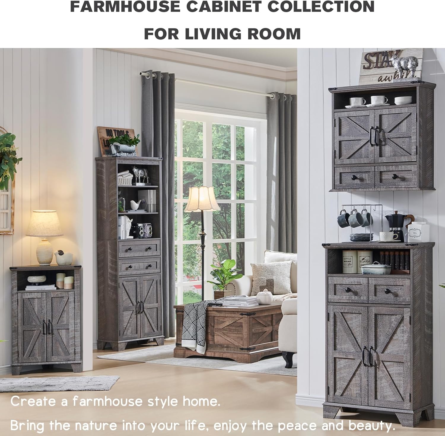 Farmhouse Bathroom Floor Cabinet with Drawer and Barn Doors - Grey