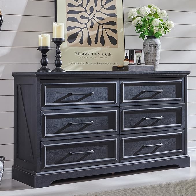 Rustic Farmhouse 6 Drawer Dresser | Wide Chest TV Stand, Black