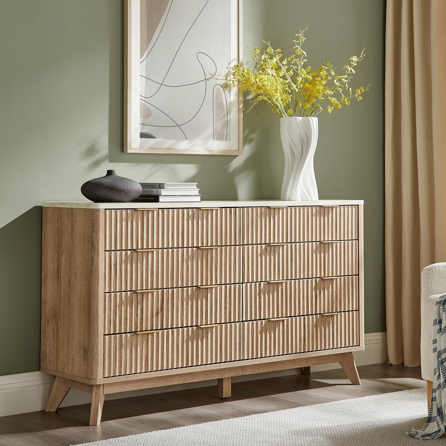 Modern Fluted 8-Drawer Dresser, Wide Chest with Faux Marble Top