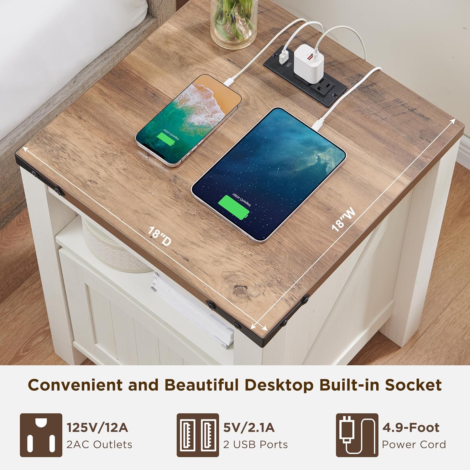 OKD Farmhouse Nightstand with Charging Station Rustic End Table