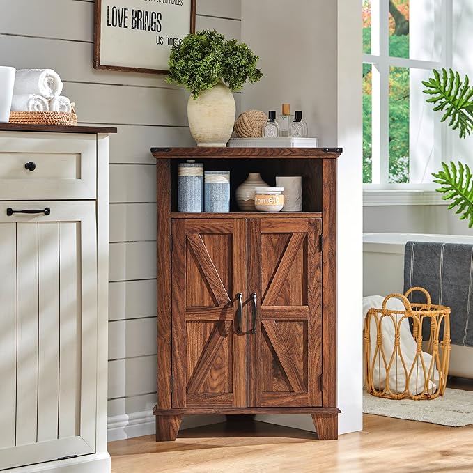 Farmhouse Corner Bathroom Cabinet with Barn Door and Adjustable Shelf