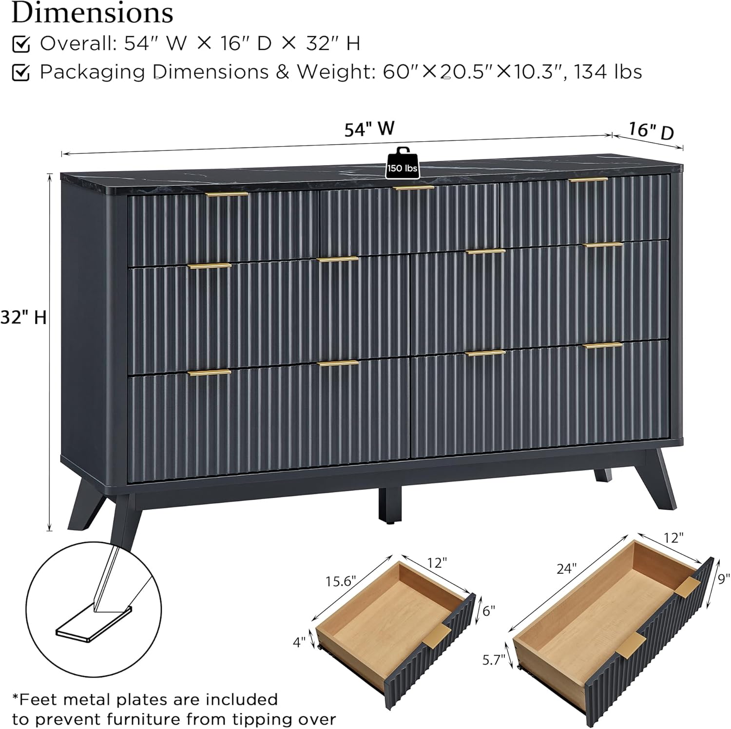 T4TREAM Fluted 7-Drawer Dresser - Modern Curved Dark Grey