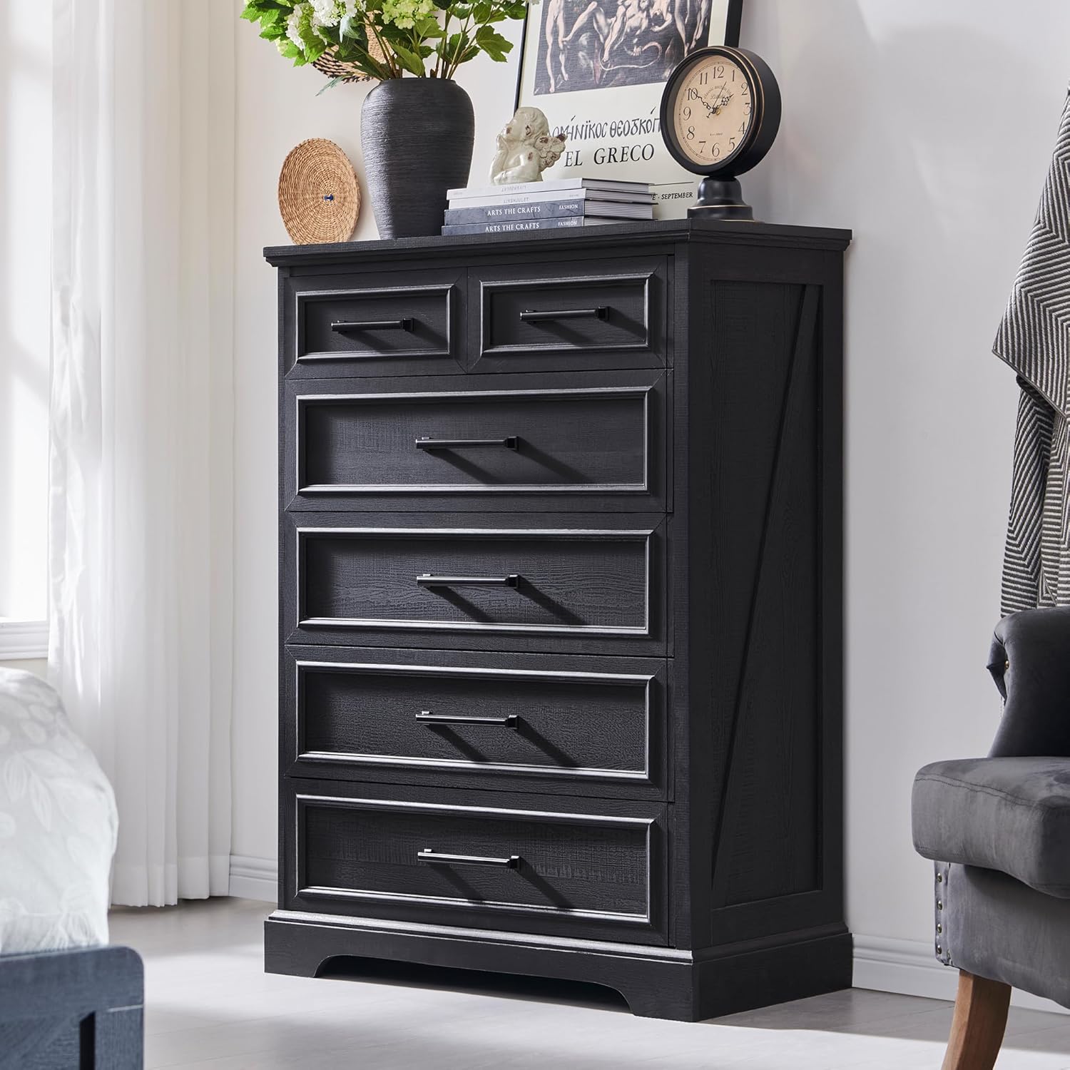 Farmhouse 6-Drawer Black Dresser, Wood Organizer for Bedroom, Living Room