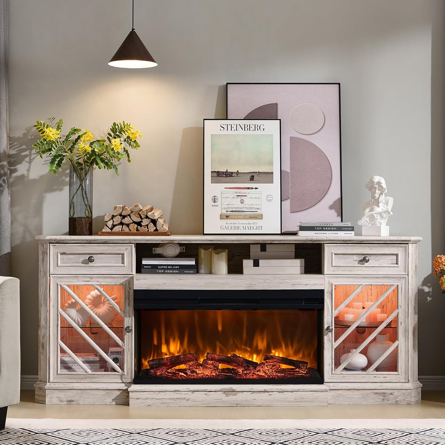 OKD 75 Inch Fireplace TV Stand Entertainment Center Console