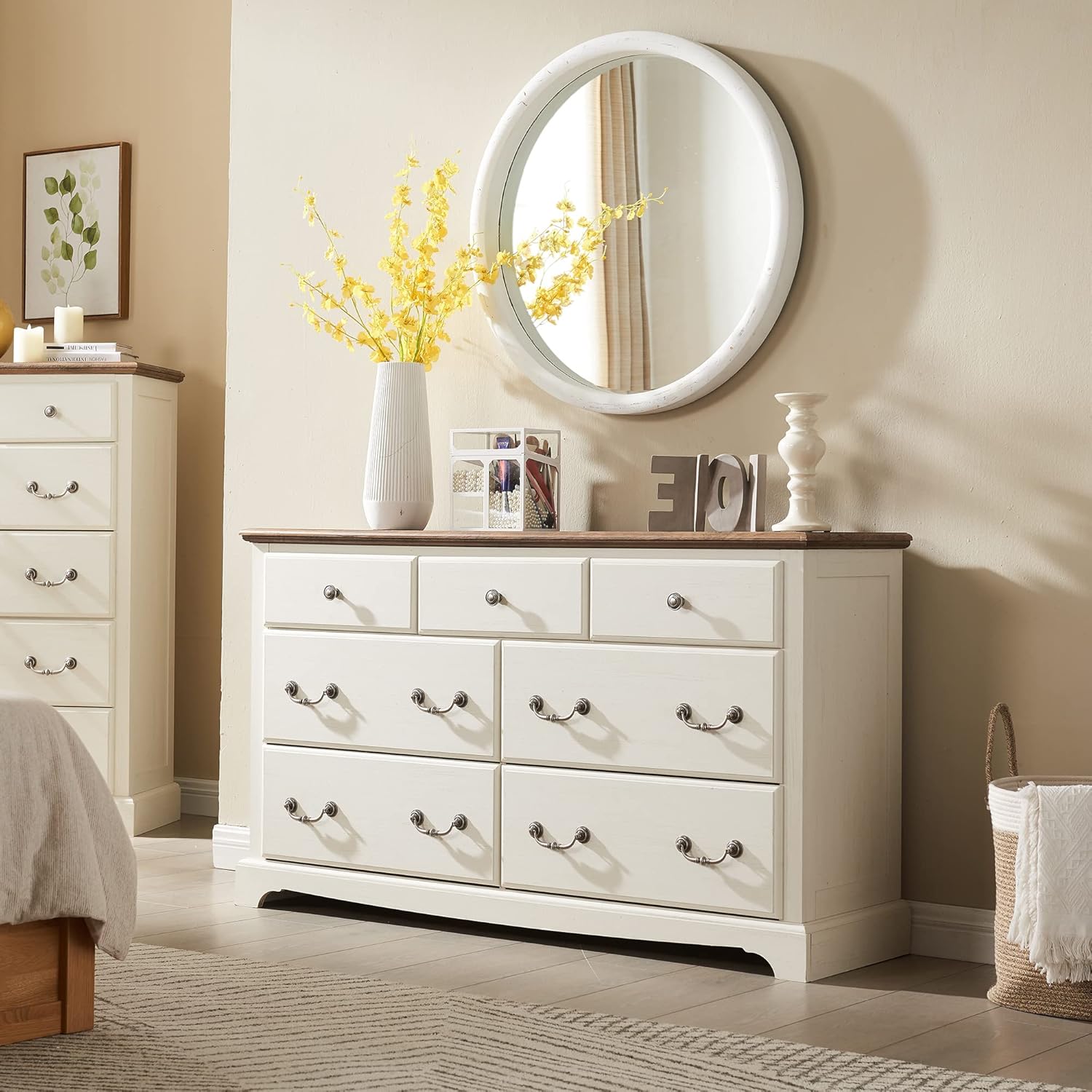 T4TREAM 7 Drawer Rustic Wood Dresser Chest for Bedroom, White