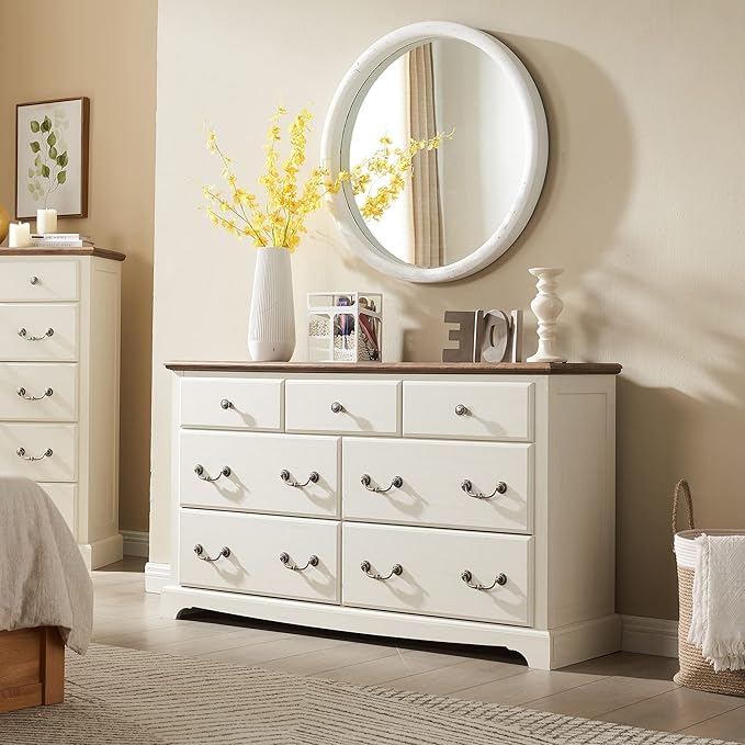 T4TREAM 7 Drawer Rustic Wood Dresser Chest for Bedroom, White