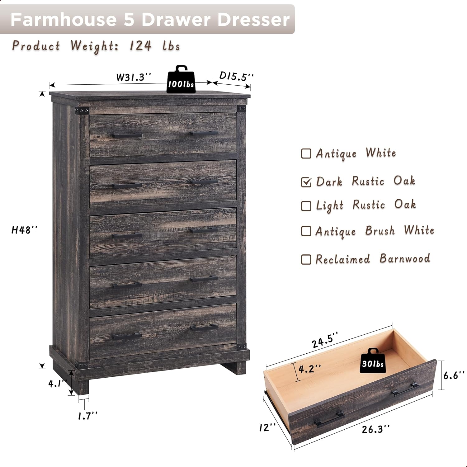 Farmhouse 5-Drawer Dresser: Rustic Wood Tall Chest for Bedroom