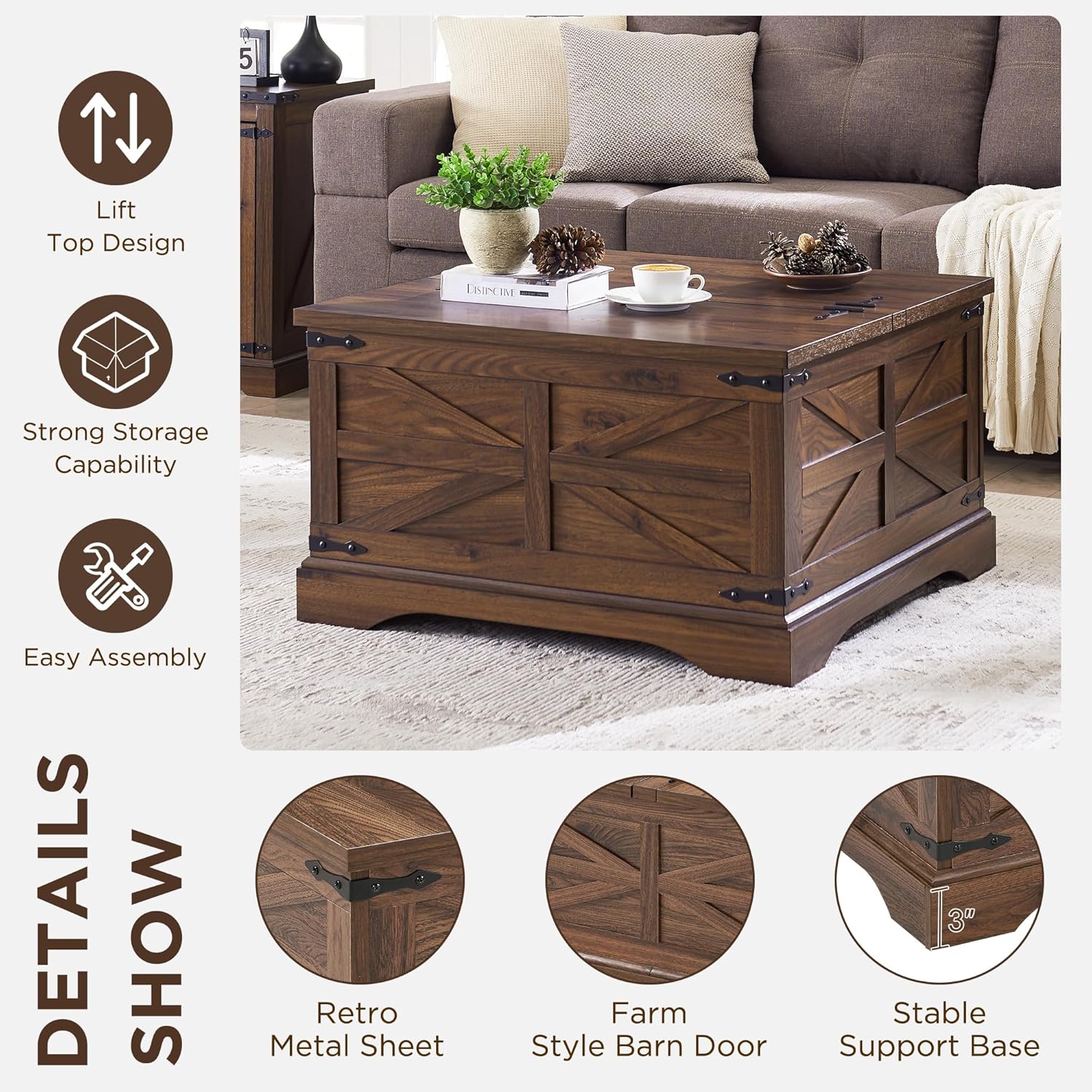 Farmhouse Lift Top Coffee Table with Storage Compartment Rustic Brown