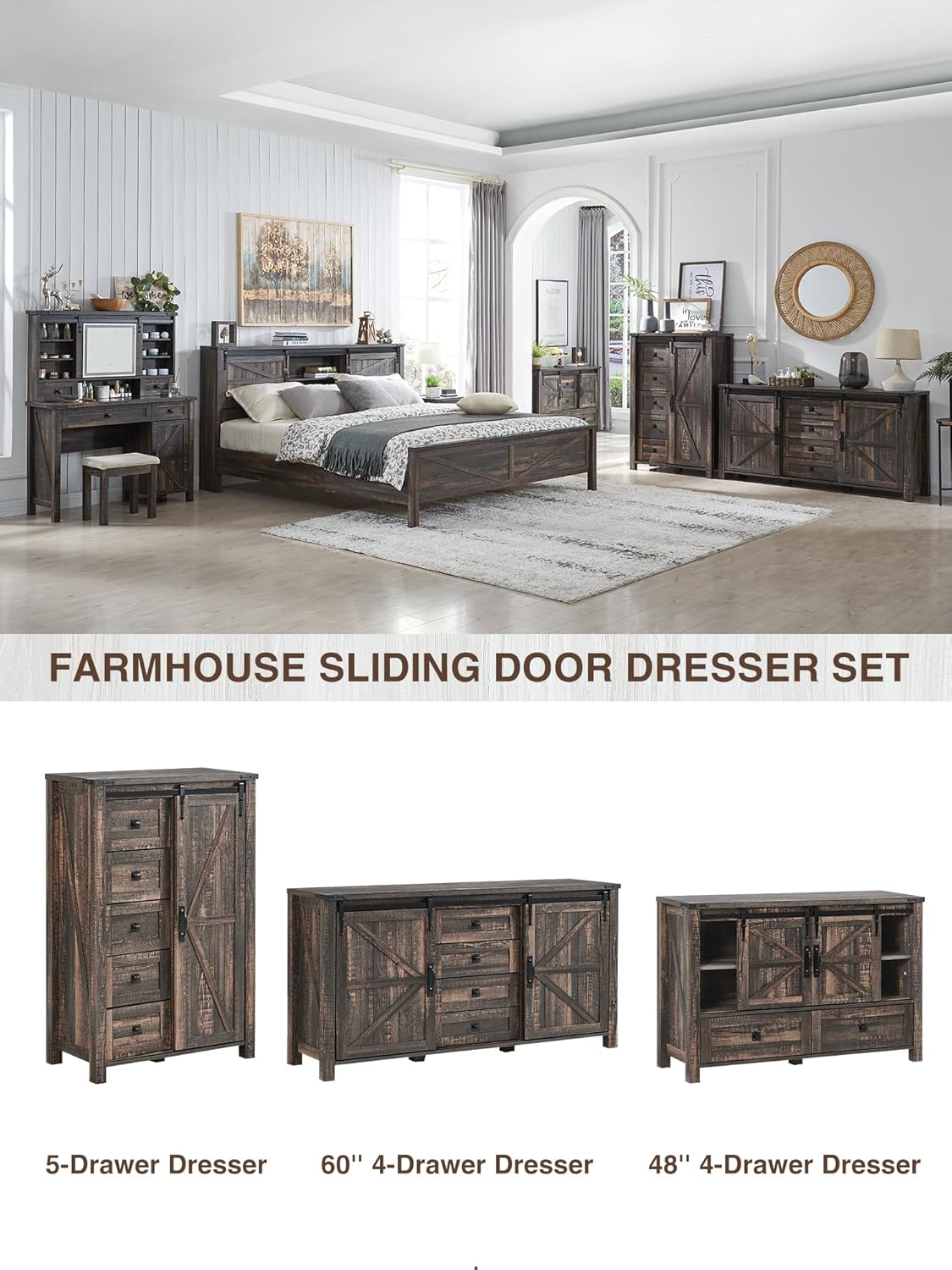 Rustic Farmhouse Dresser with Barn Doors, 4 Drawers, Dark Oak