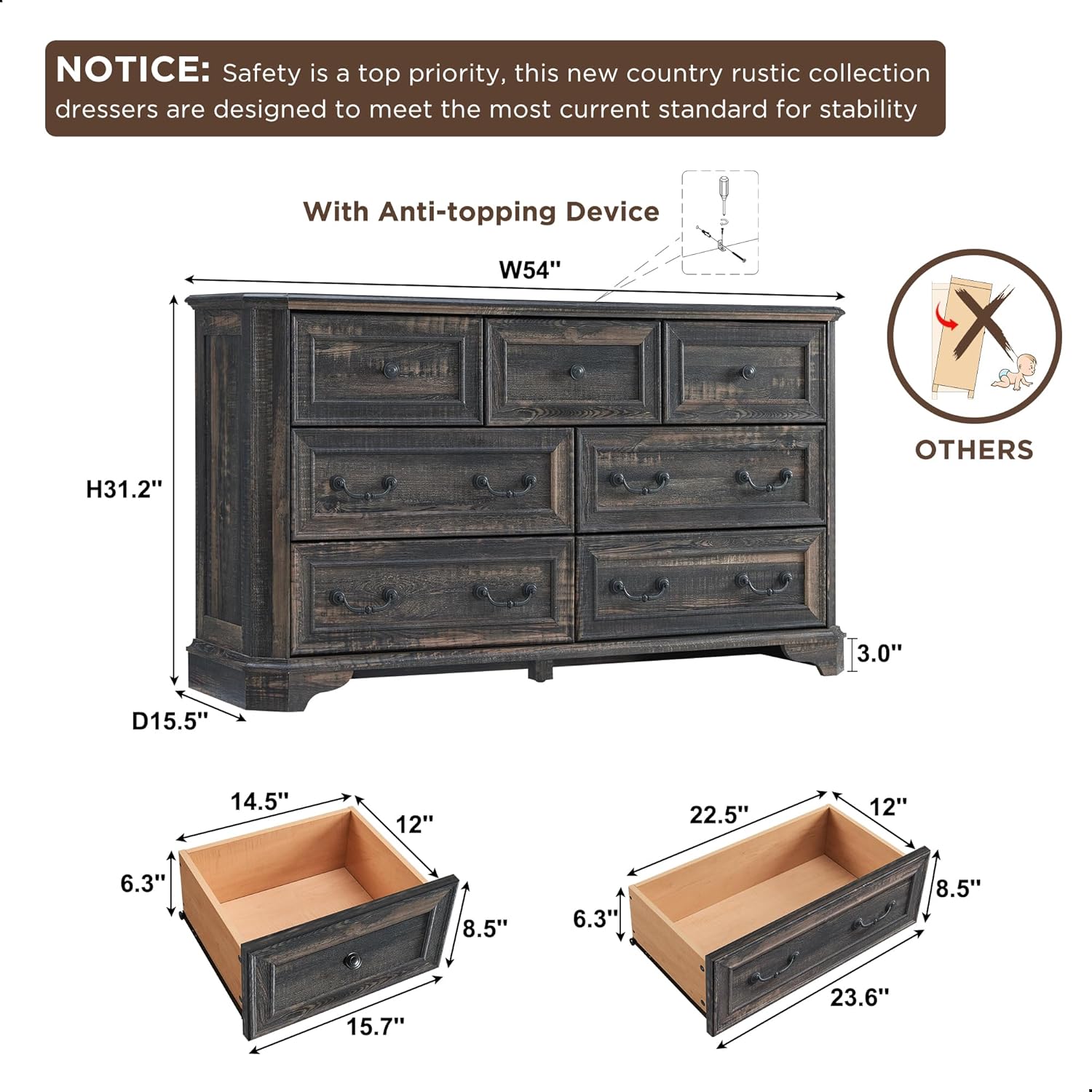 Farmhouse 7 Drawer Dresser Wide Wood Rustic Chest Organizer