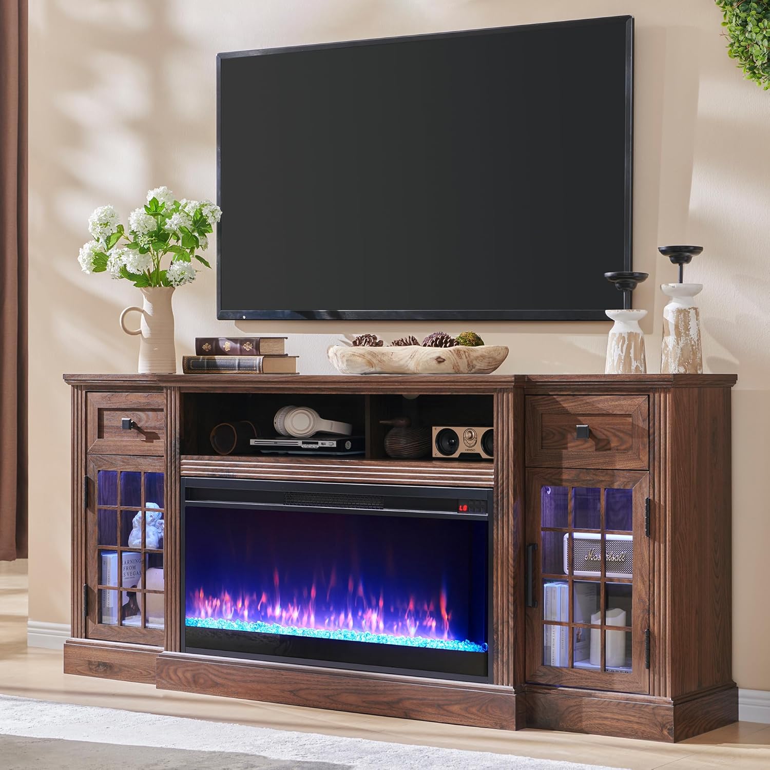 Farmhouse Highboy Entertainment Center with LED Lights and Electric Fireplace