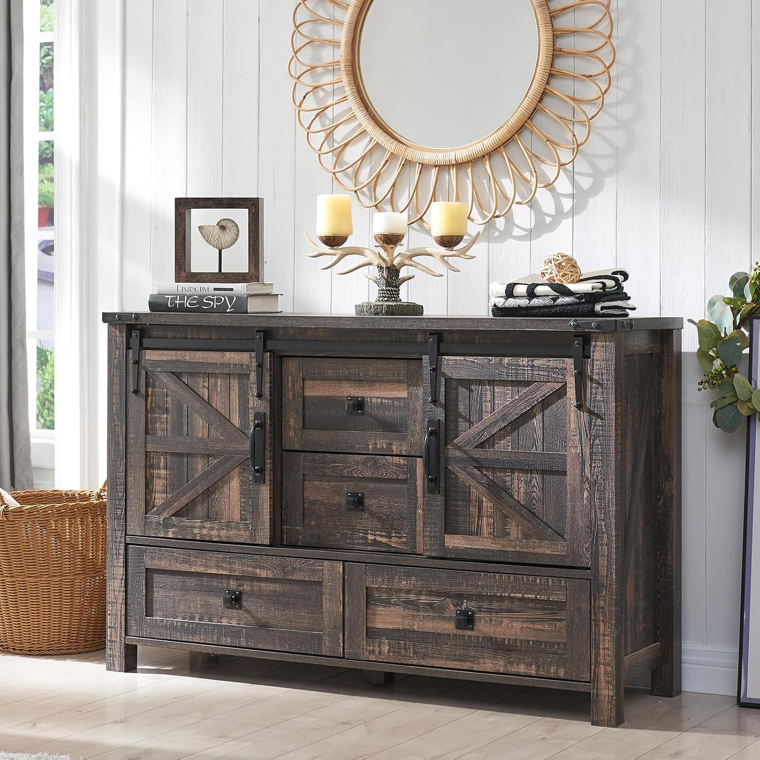 Rustic Farmhouse Dresser with Barn Doors, 4 Drawers, Dark Oak