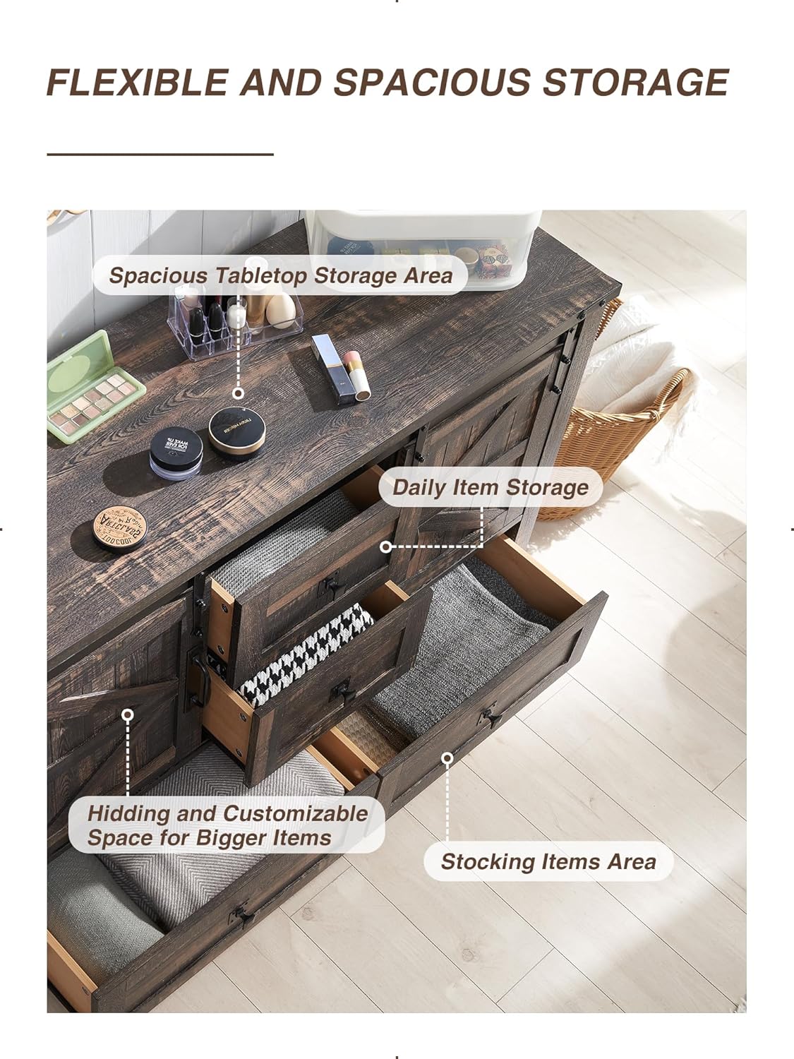 Rustic Farmhouse Dresser with Barn Doors, 4 Drawers, Dark Oak