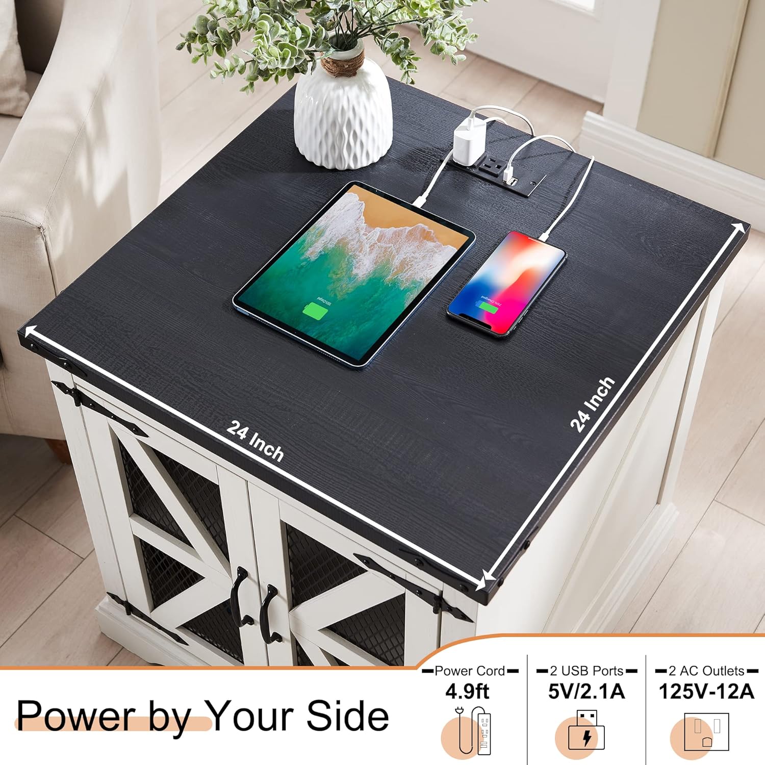 Farmhouse End Table with Charging Station, Rustic Wood Nightstand
