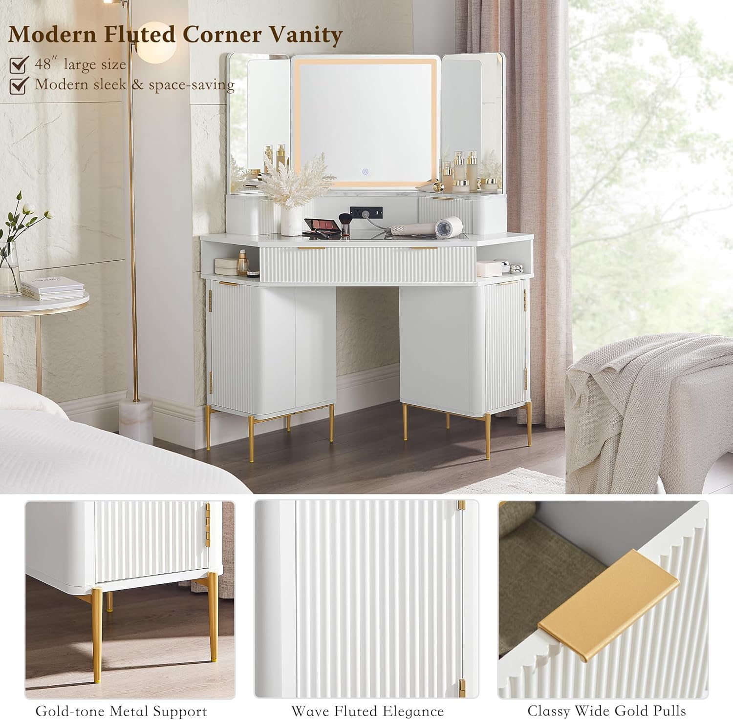 Fluted Corner Vanity Desk with Lighted Mirror and Charging Outlet
