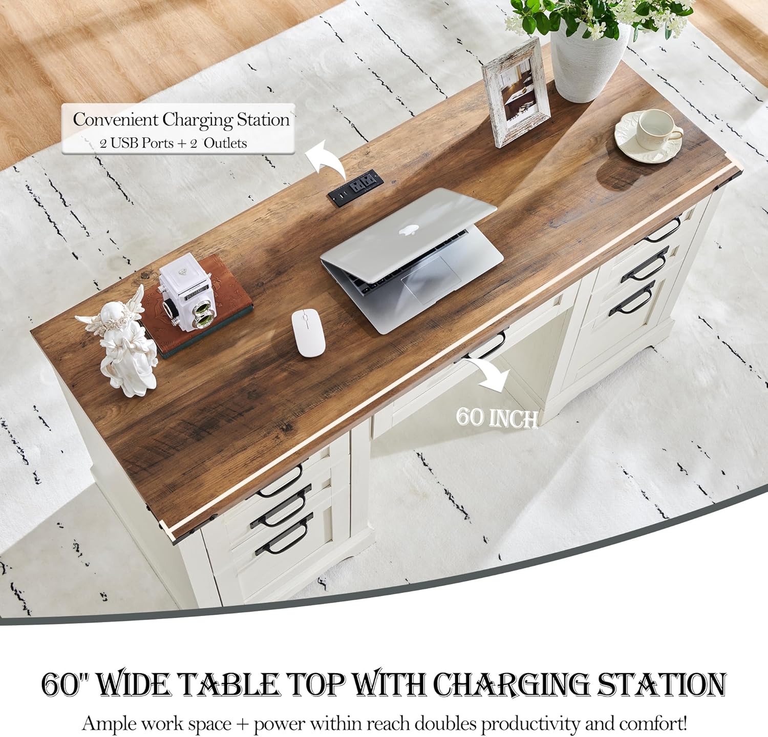 Farmhouse Executive Desk 60" with Charging Station, Antique White