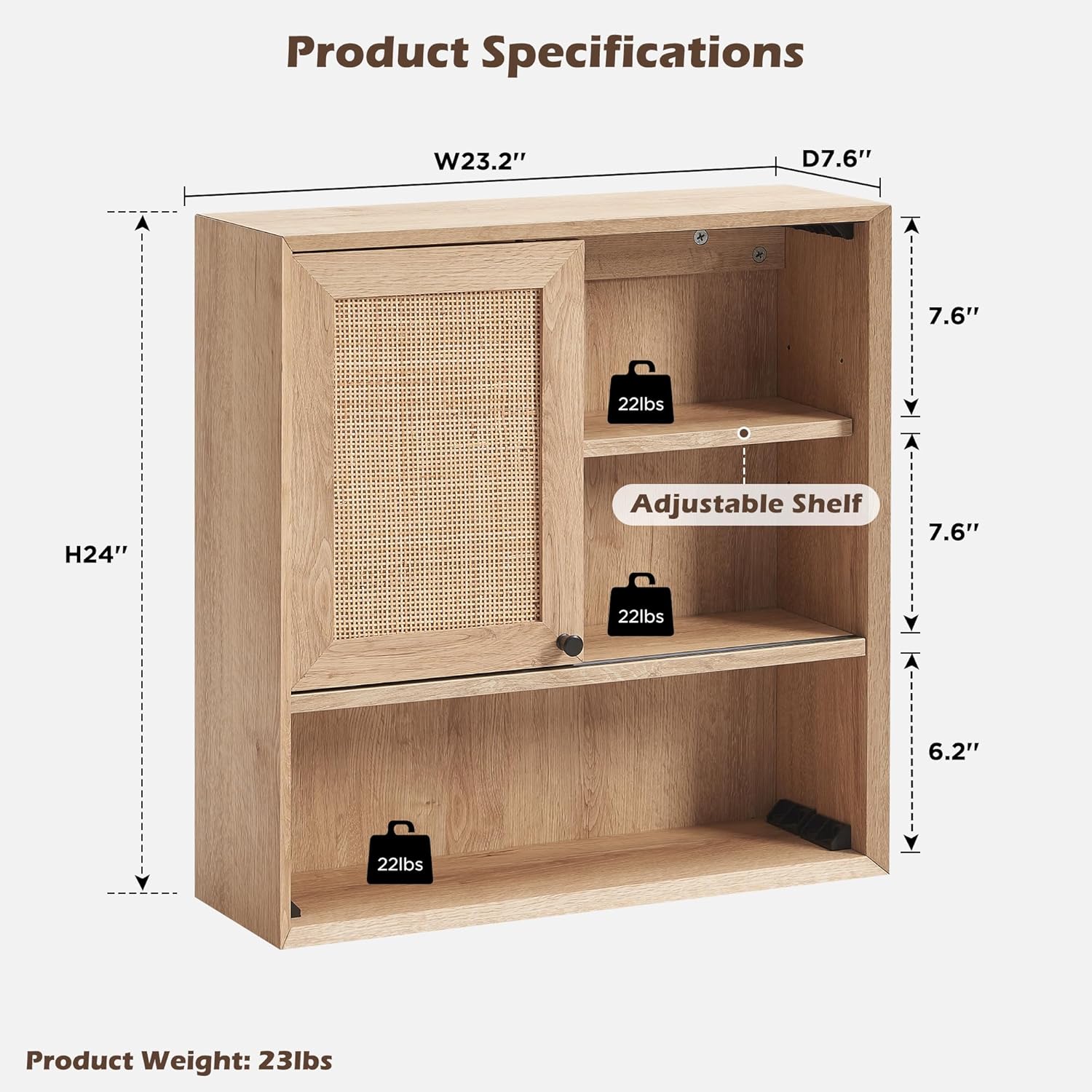 OKD Hand-Woven Rattan Wall Storage Cabinet with Adjustable Shelves