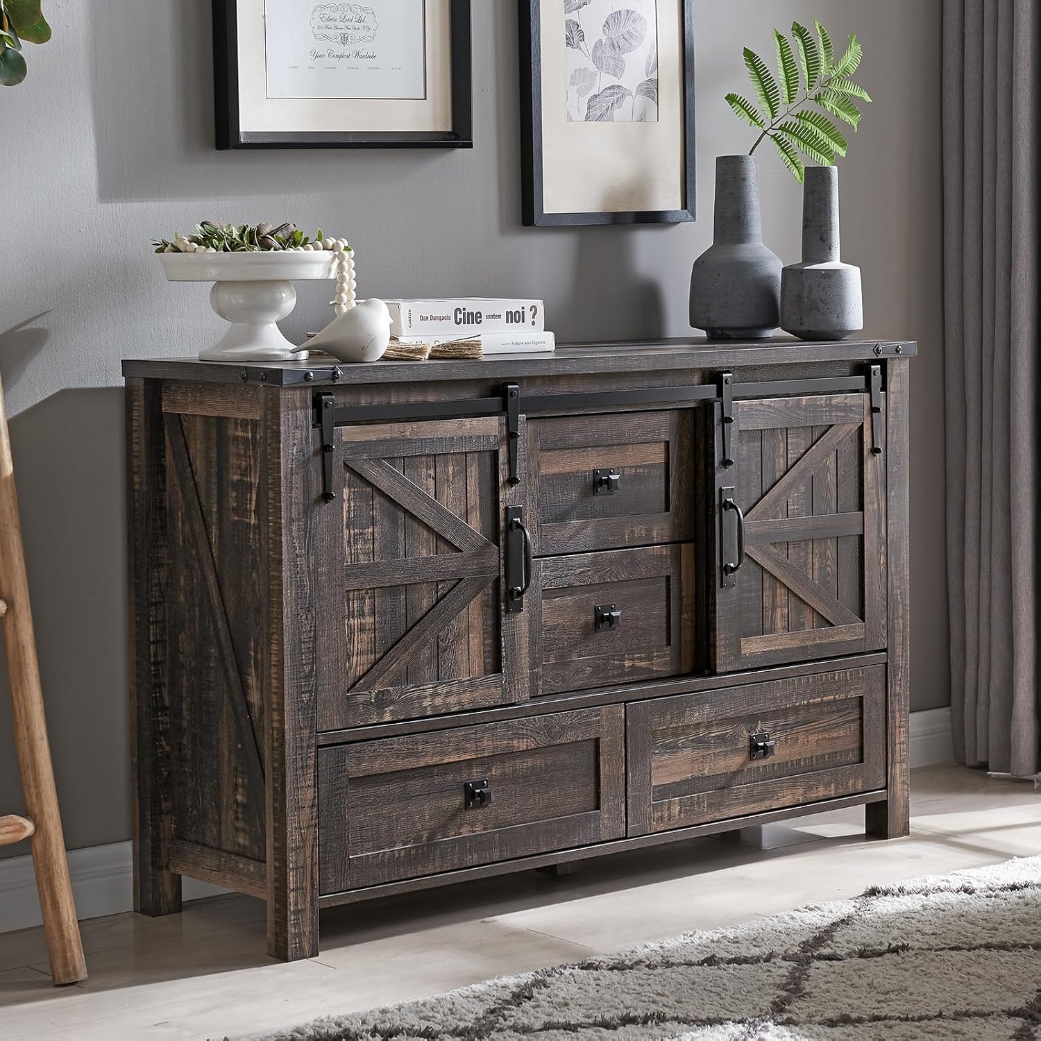 Rustic Farmhouse Dresser with Barn Doors, 4 Drawers, Dark Oak