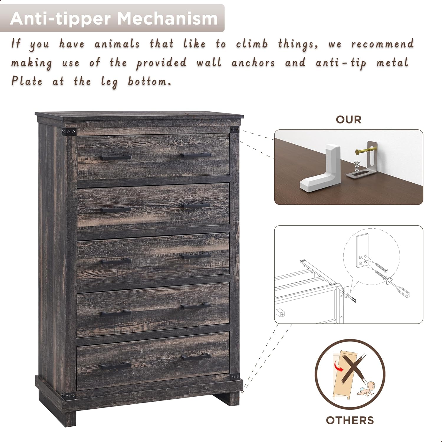 Farmhouse 5-Drawer Dresser: Rustic Wood Tall Chest for Bedroom