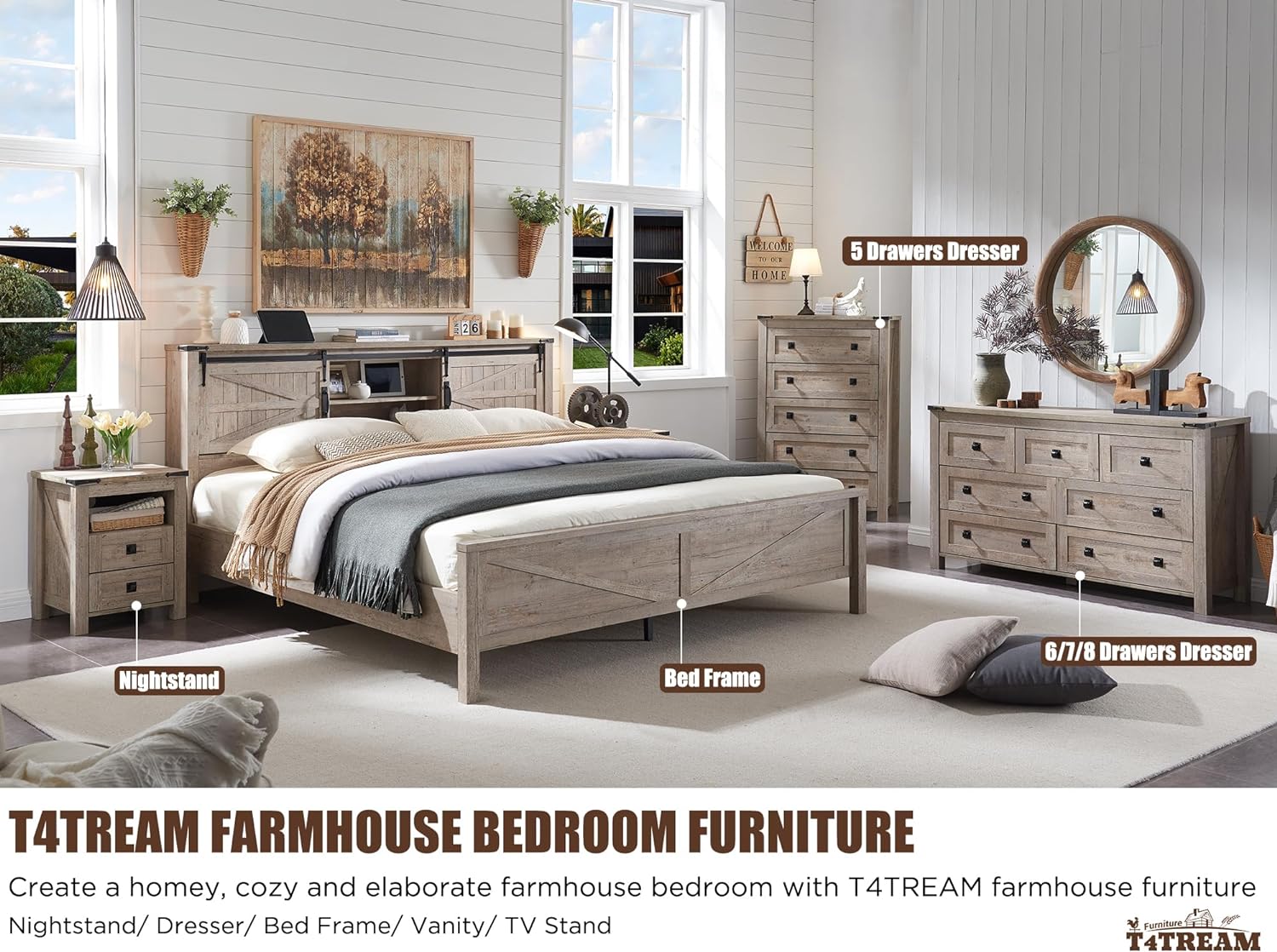 T4TREAM Farmhouse 5 Drawer Dresser - Rustic Wood Chest