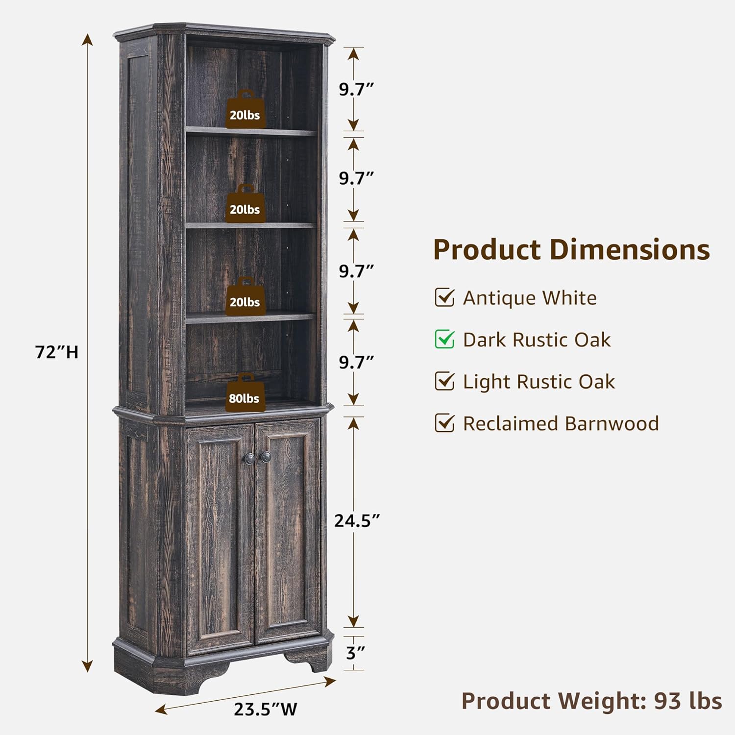 Rustic Oak 6-Tier Bookshelf with Doors and Adjustable Shelves