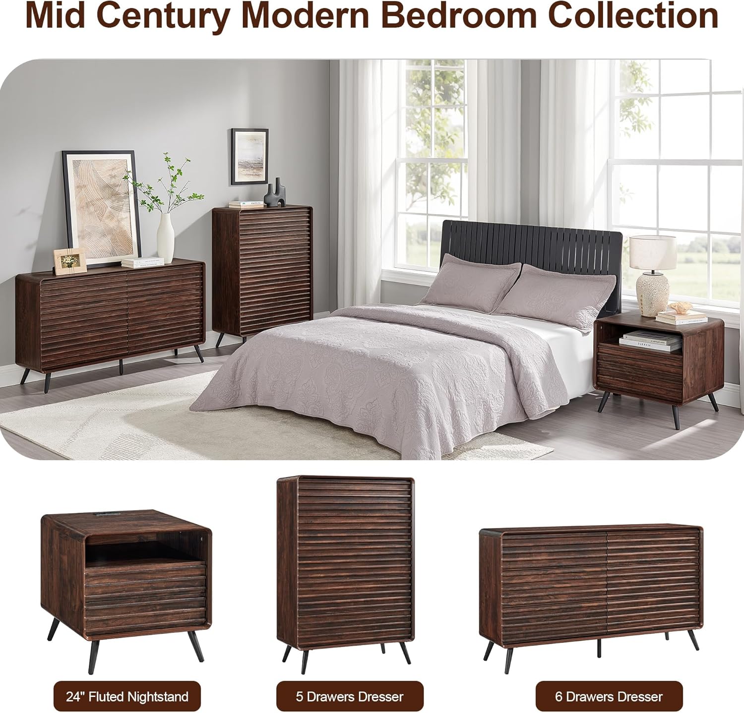 RedLemon Mid Century Modern 5 Drawer Dresser, Dark Walnut Finish