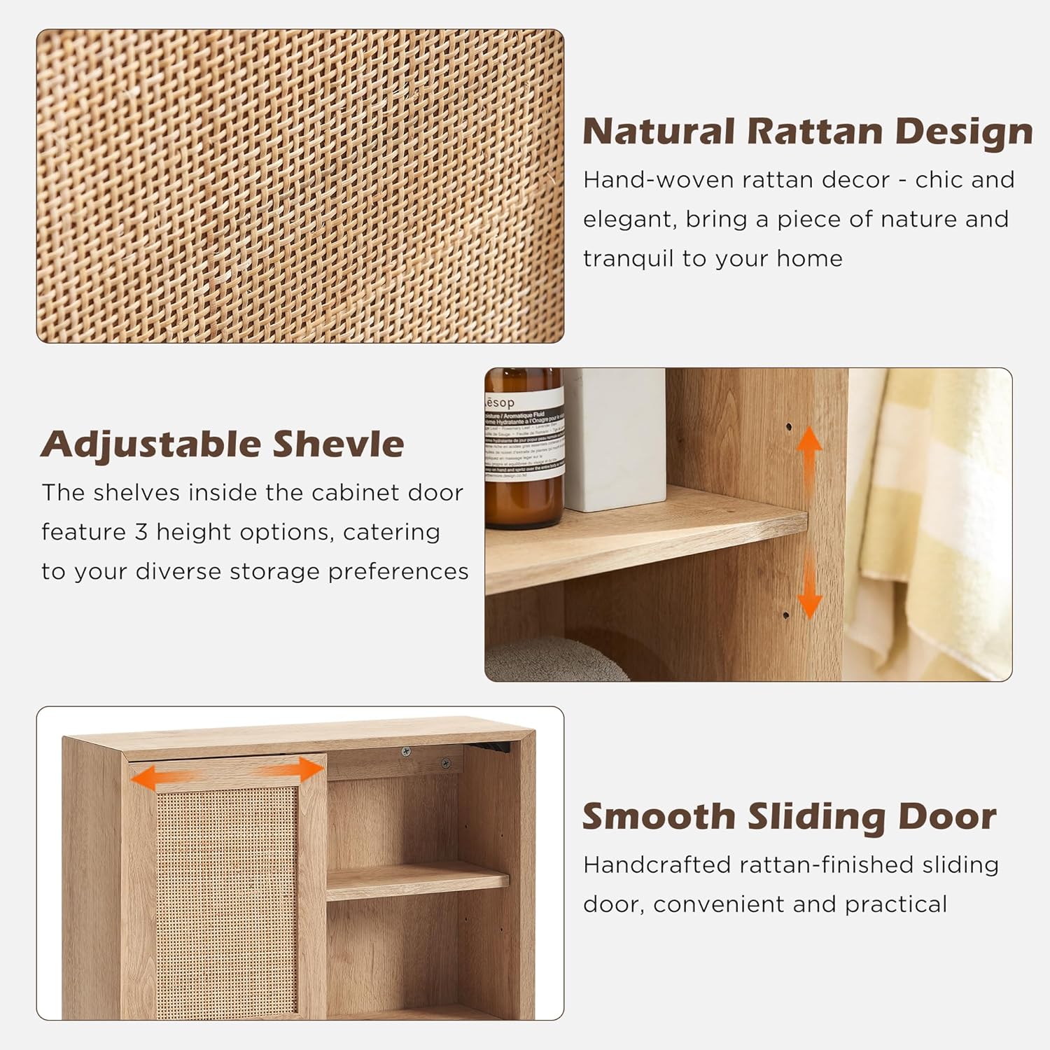 OKD Hand-Woven Rattan Wall Storage Cabinet with Adjustable Shelves