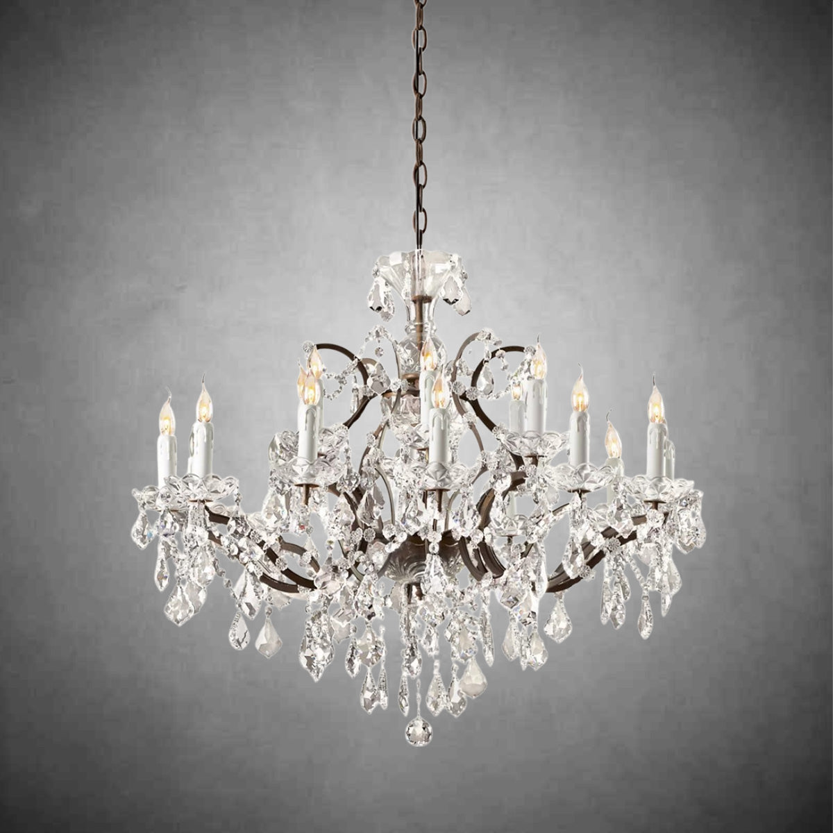 HA Rococo Iron & Crystal Round Chandelier 33''
