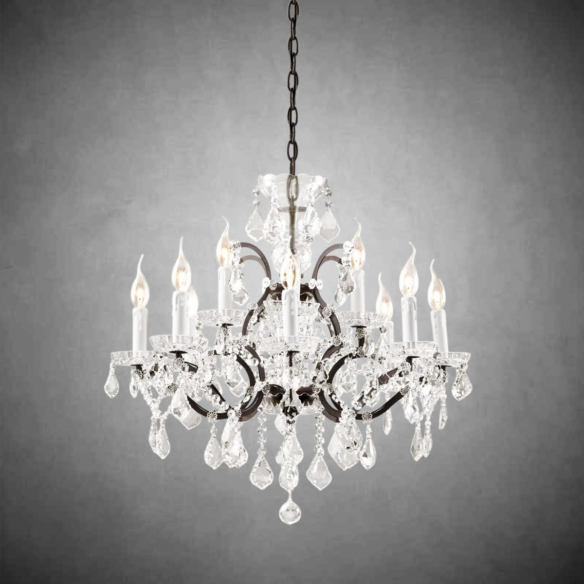 HA Rococo Iron & Crystal Round Chandelier 28''