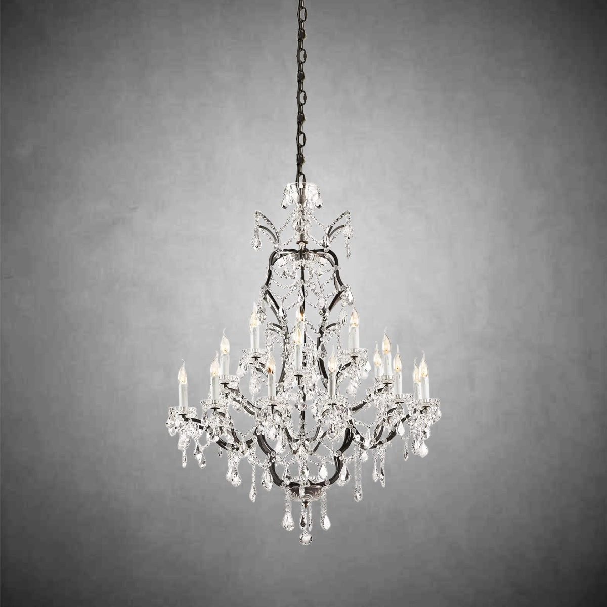 HA Rococo Iron & Crystal Round Chandelier 40"