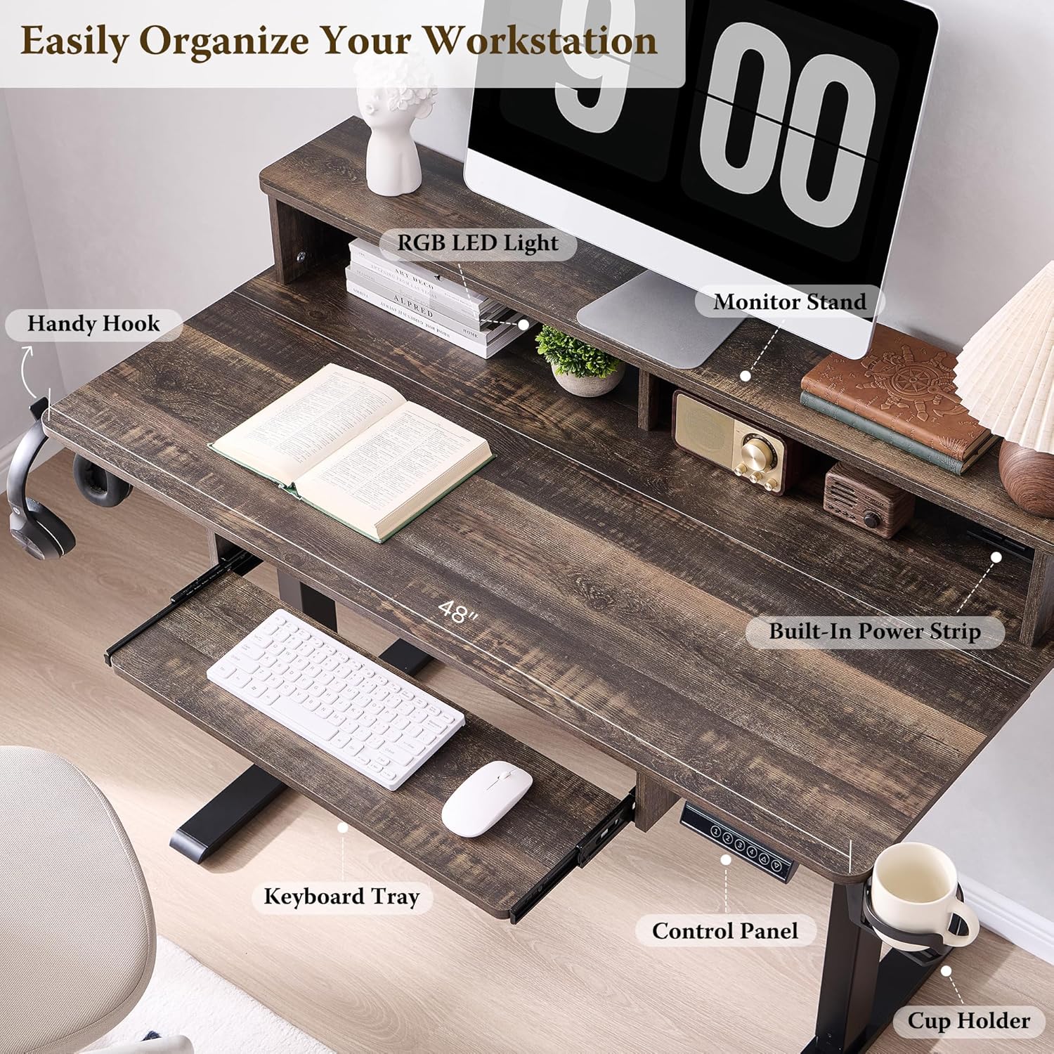 OKD 48" Electric Standing Desk with Keyboard Tray and Outlets