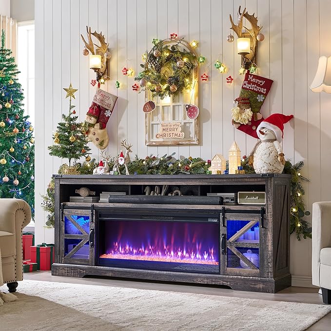 Fireplace TV Stand for 85" TV, Farmhouse Entertainment Center