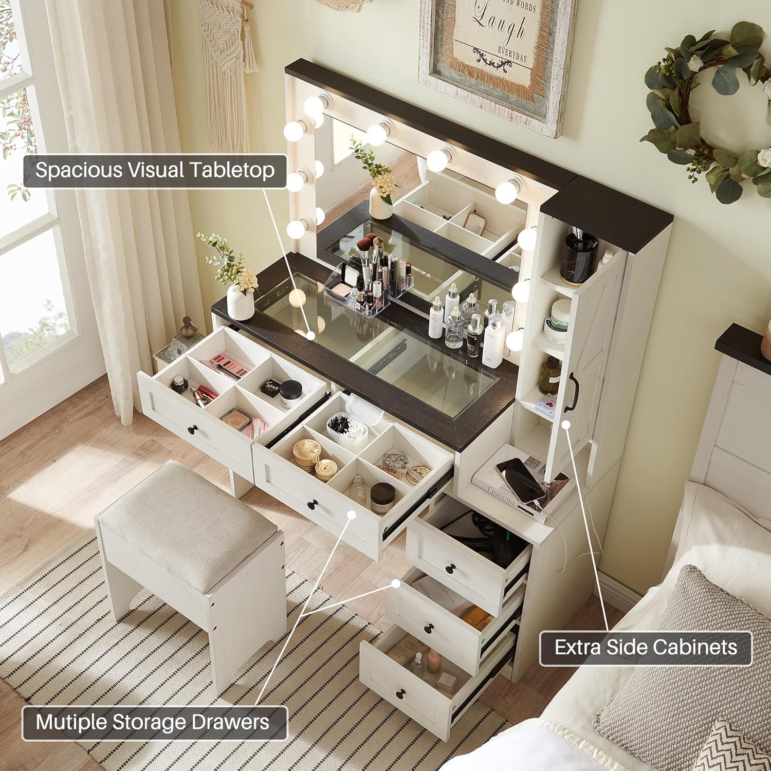 Farmhouse Style Vanity Makeup Desk with Lighted Mirror & Charging