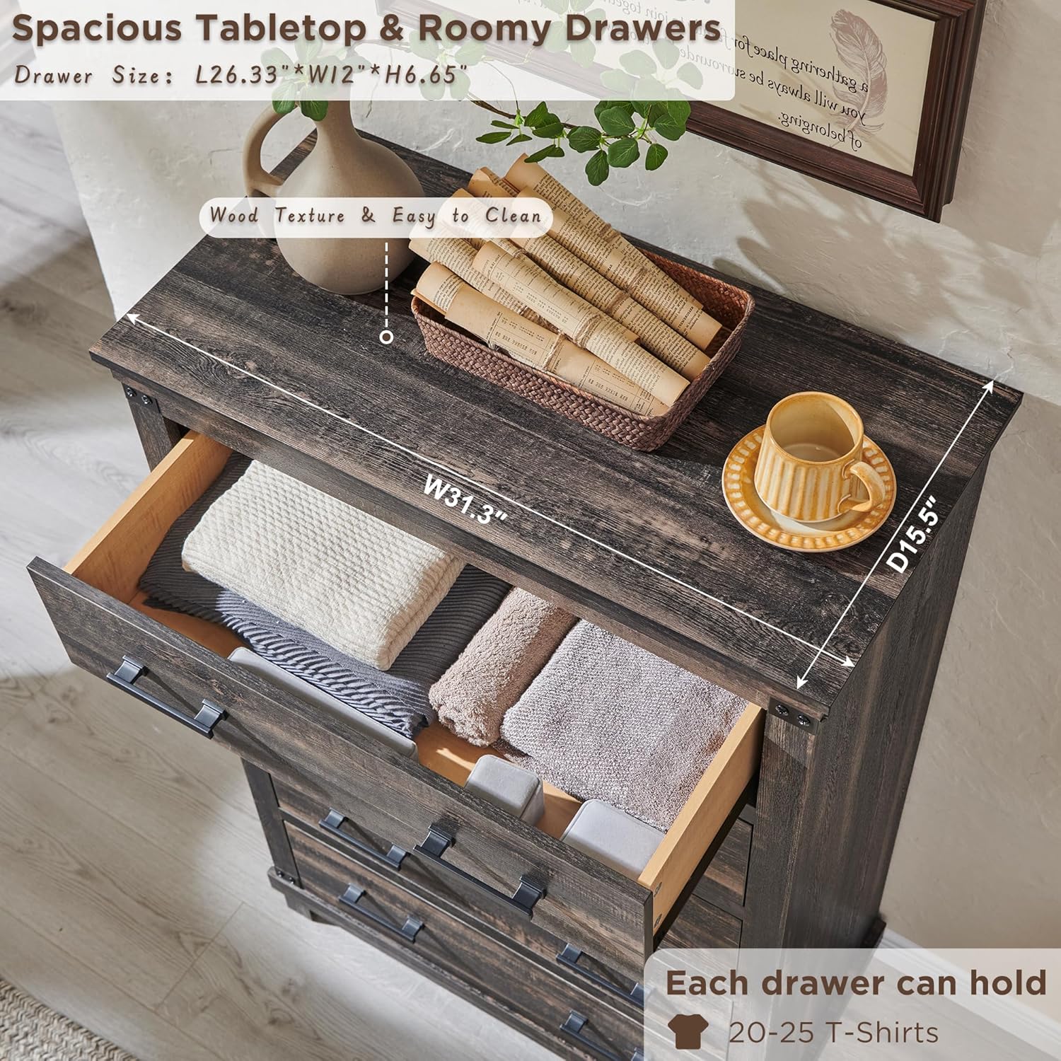 Farmhouse 5-Drawer Dresser: Rustic Wood Tall Chest for Bedroom