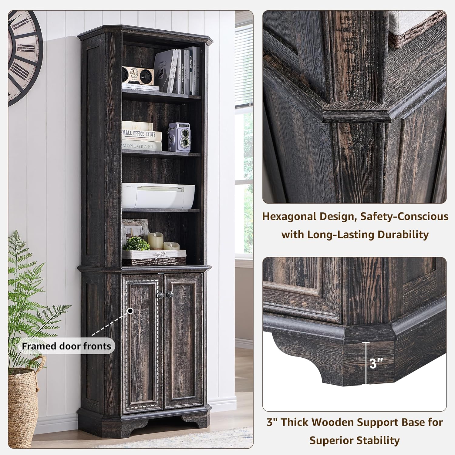 Rustic Oak 6-Tier Bookshelf with Doors and Adjustable Shelves