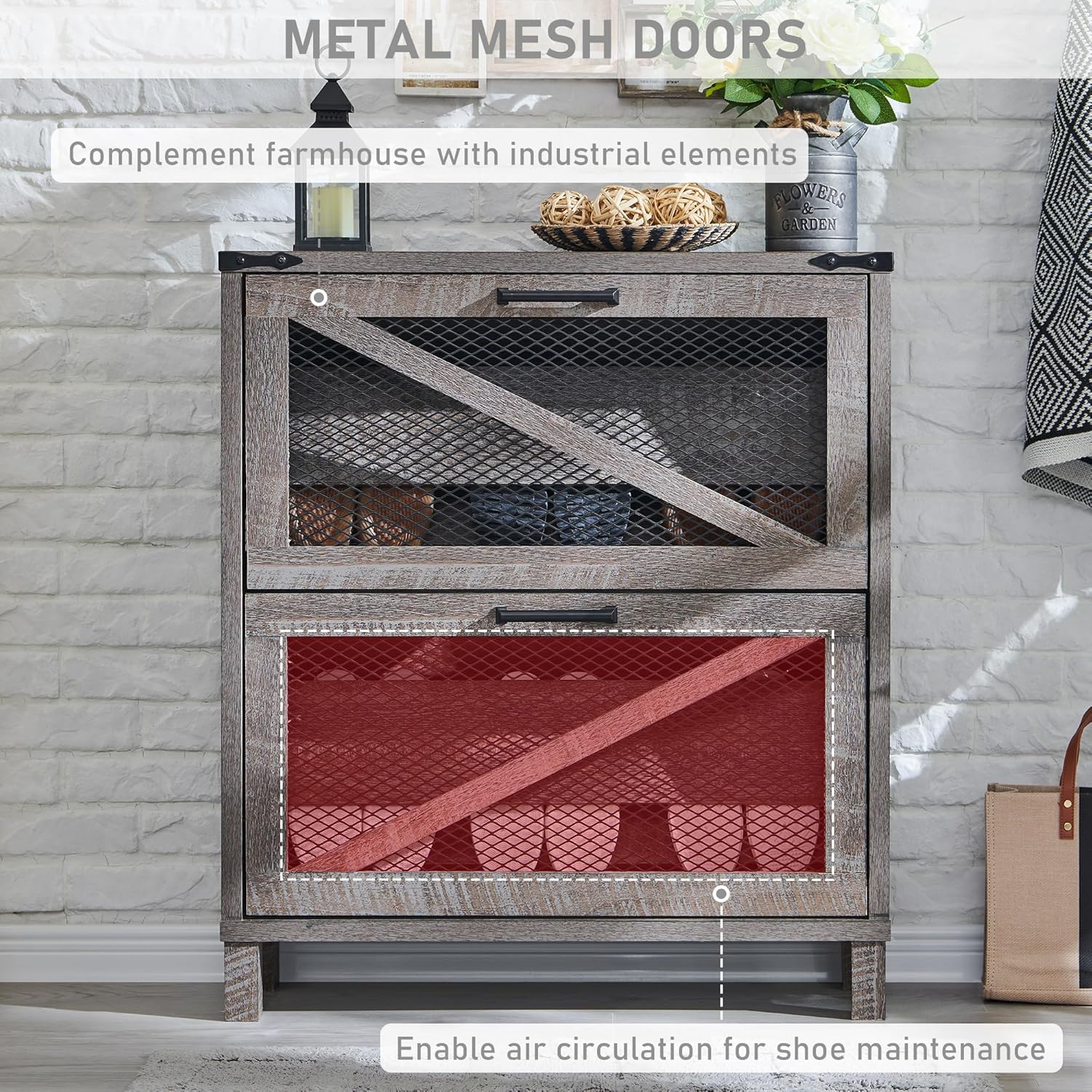 Farmhouse Grey Shoe Cabinet with Flip Drawers and Mesh Doors
