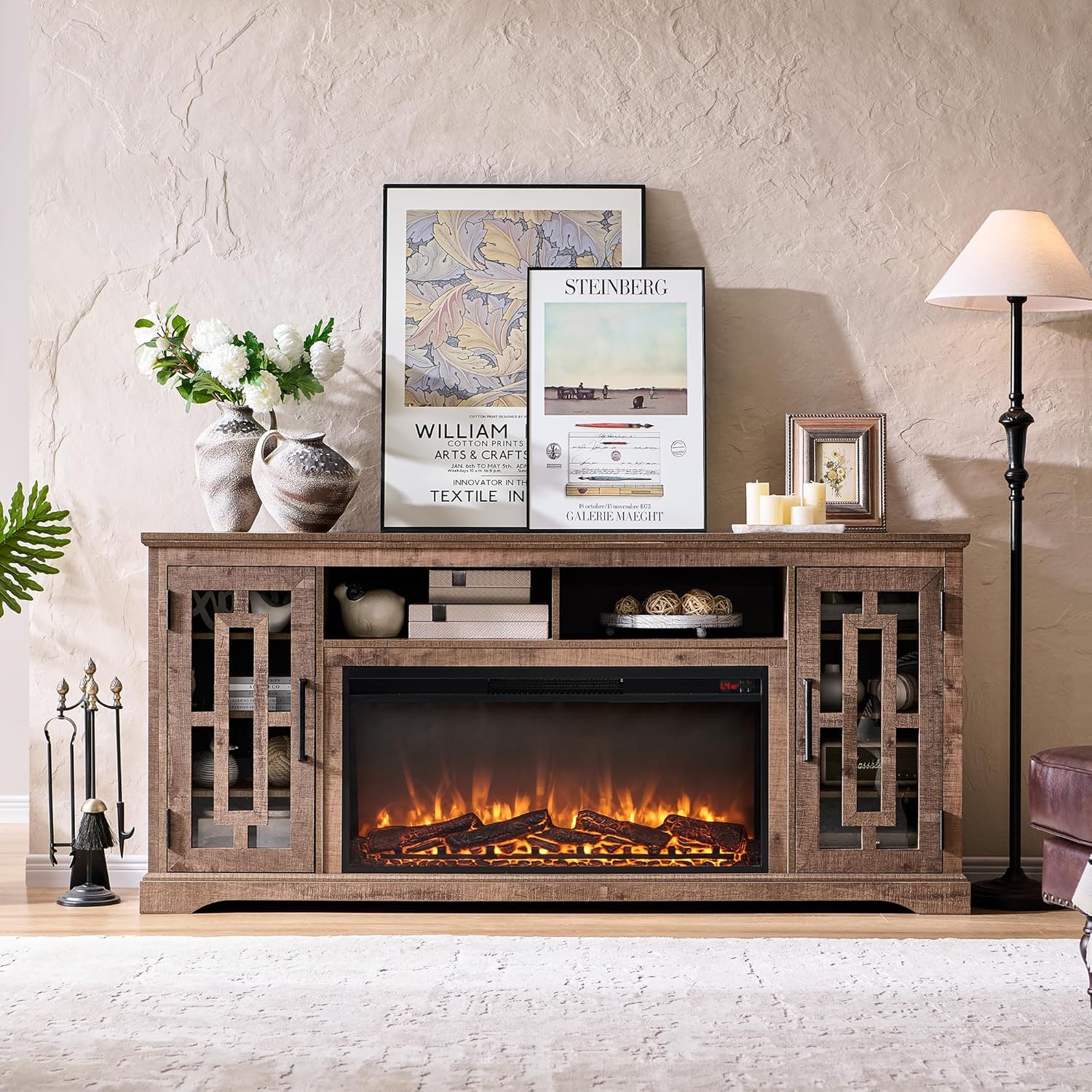 JXQTLINGMU Farmhouse Fireplace TV Stand for 80 Inch TV with Shelves