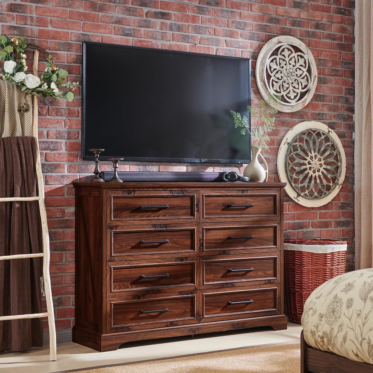 Rustic Farmhouse 8 Drawer Dresser Chest: Wide Wood Organizer