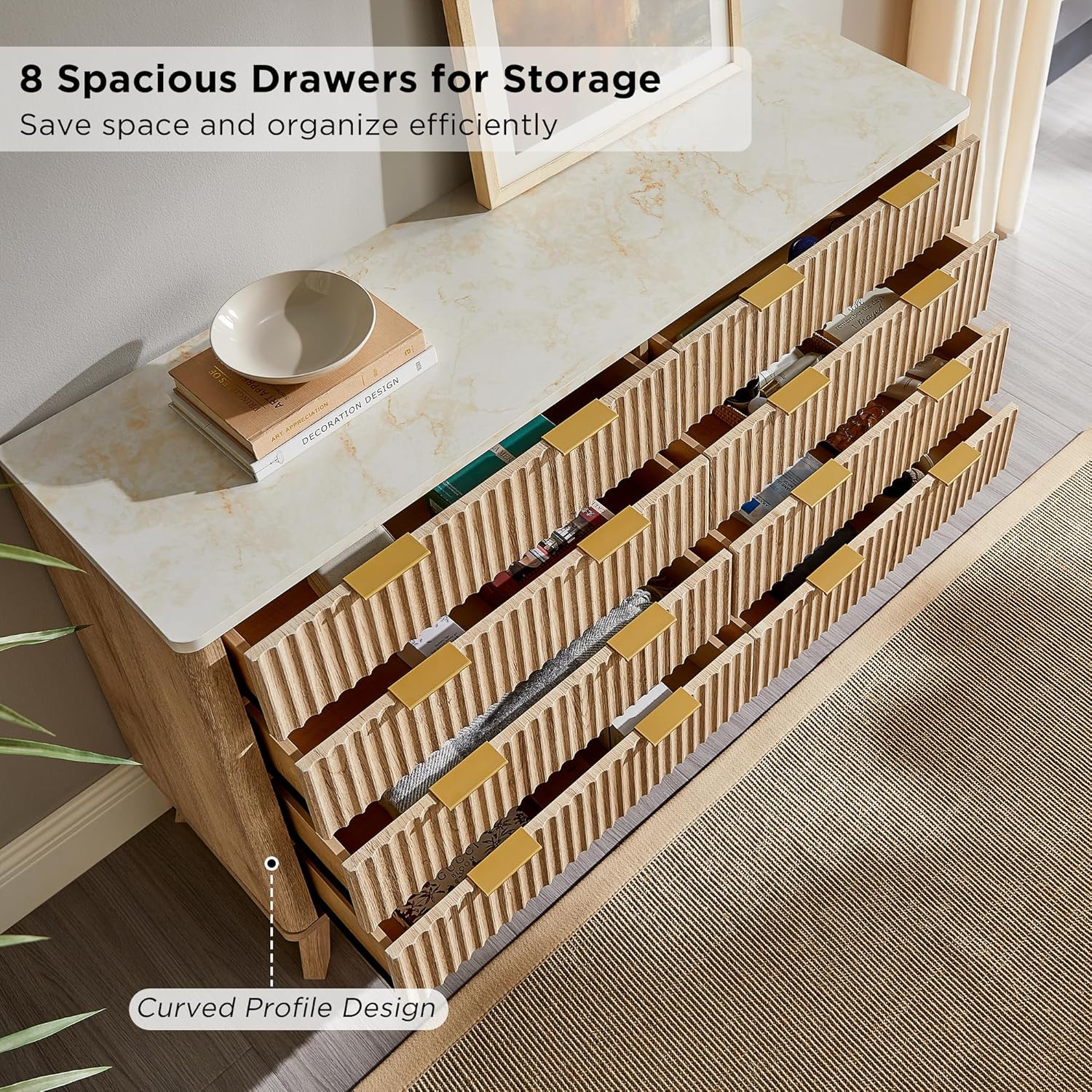 Modern Fluted 8-Drawer Dresser, Wide Chest with Faux Marble Top